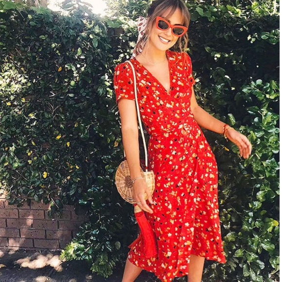 Bohemian Gypsy red floral printCottagecore wrap dress